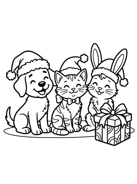 Animals in Santa hats coloring page