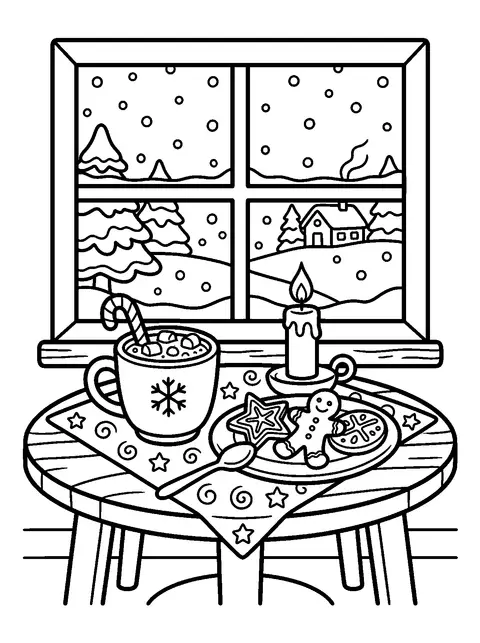 Hot cocoa by the fire coloring page