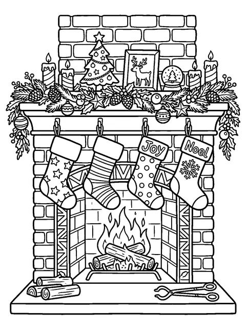Stockings on the fireplace coloring page