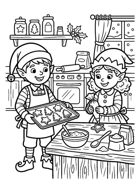 Elves baking cookies coloring page