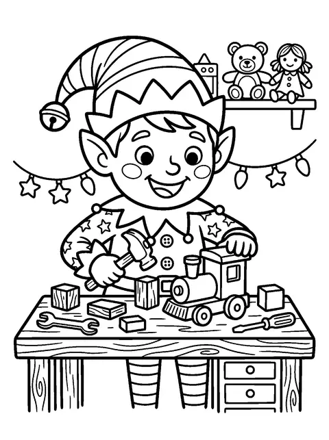 Elf making toys coloring page
