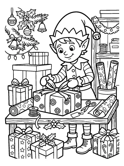 Elf wrapping presents coloring page