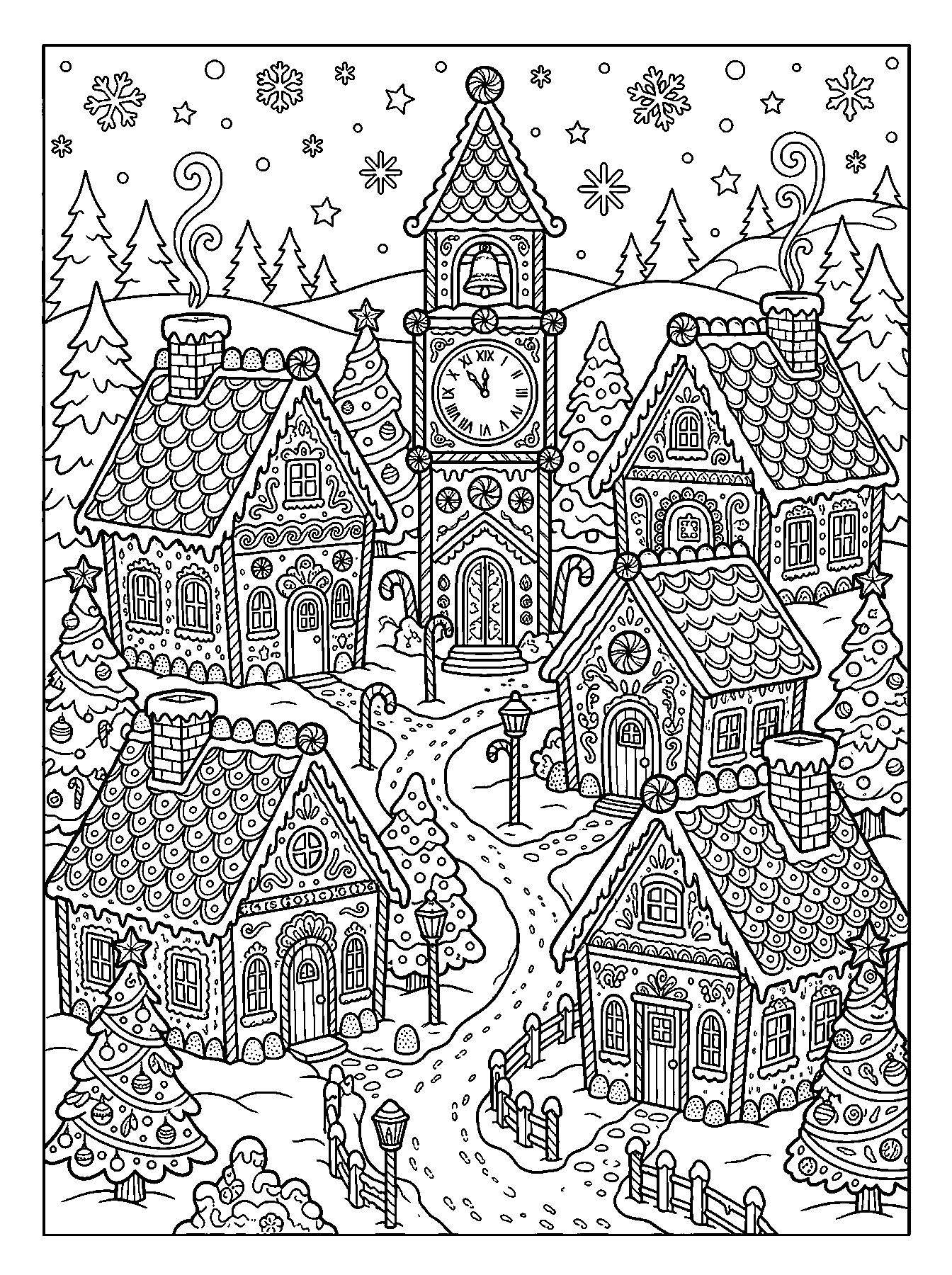 Gingerbread village coloring page