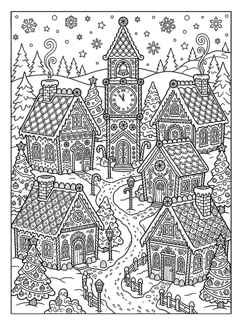 Gingerbread village coloring page