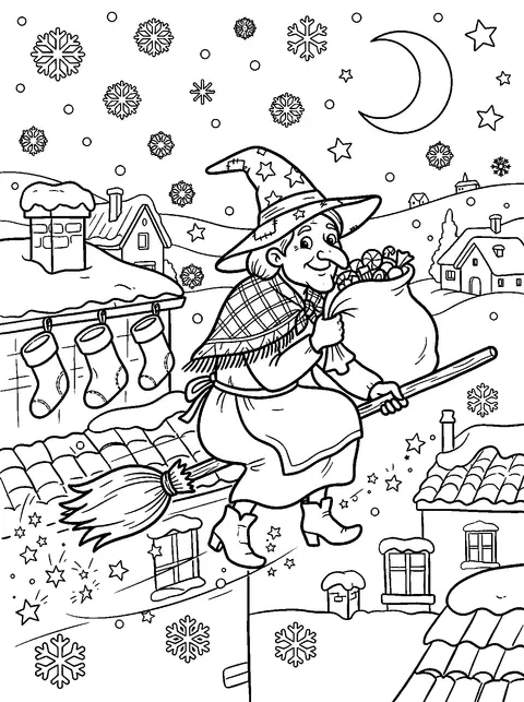 Disegno da colorare della Befana con cappello, scialle e sacco di dolci, che vola sulla scopa sopra i tetti innevati accanto ai calzettoni