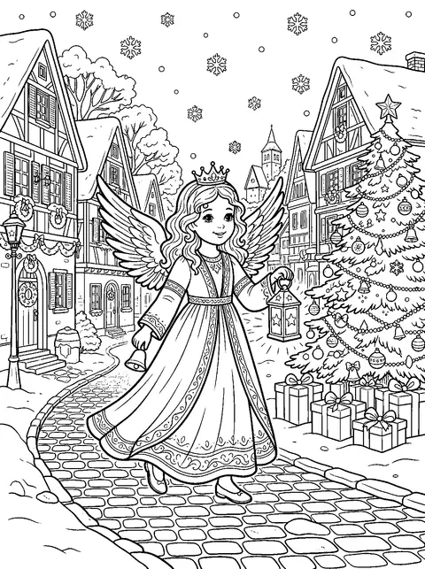Ausmalbild: das Christkind mit Flügeln, Krönchen, Laterne und Glöckchen in einer verschneiten Altstadtgasse neben einem Weihnachtsbaum