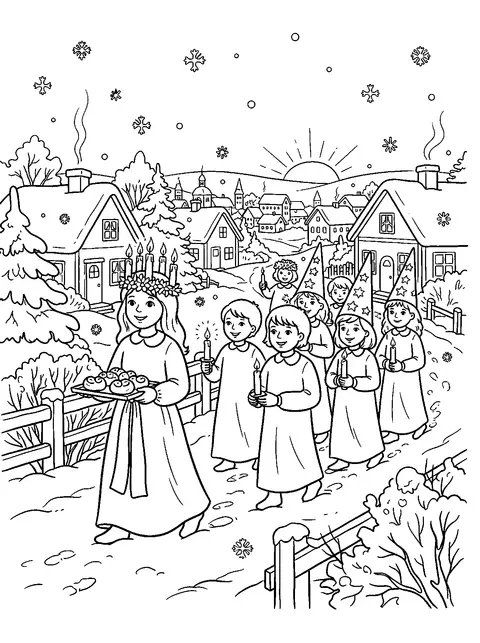 Målarbild på luciatåget: Lucia i vit särk med ljuskrona och en bricka lussekatter, följd av barn med ljus och stjärngossar, i en snöig by i gryningen