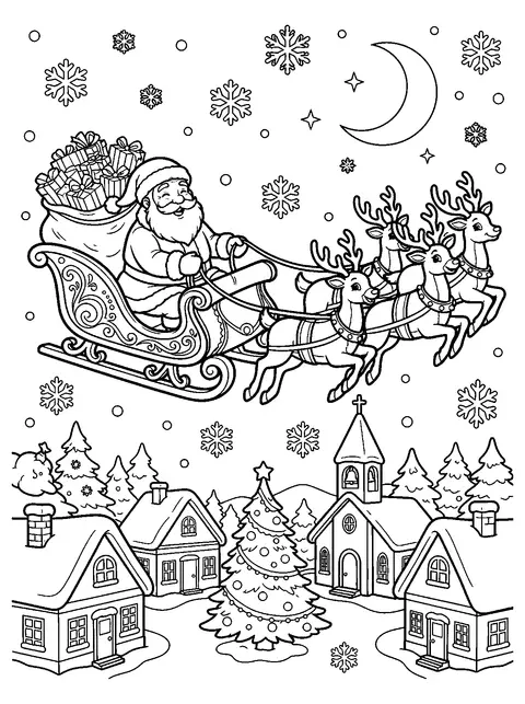 Desenho para colorir do Pai Natal com um saco de presentes no trenó puxado por renas sobre uma aldeia com neve, igreja e árvore de Natal