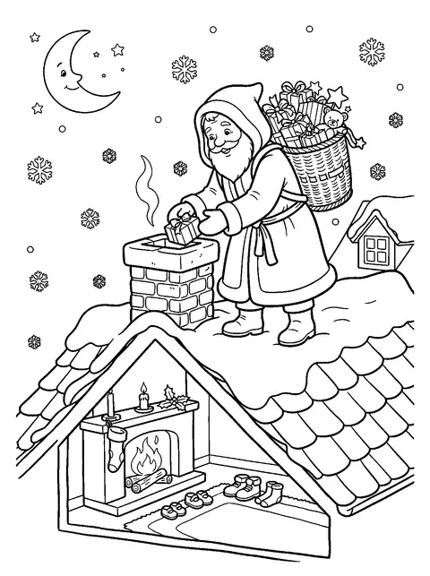 Coloriage du Père Noël avec sa hotte en osier pleine de cadeaux, près d'une cheminée sur un toit enneigé, et des souliers devant la cheminée