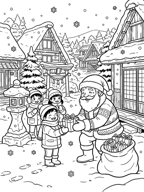ぬりえ:瓦屋根の雪の村で、石灯籠と鳥居のそばの子どもたちにプレゼントを渡すサンタクロース