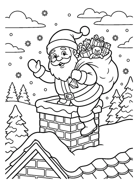 Santa going down the chimney coloring page