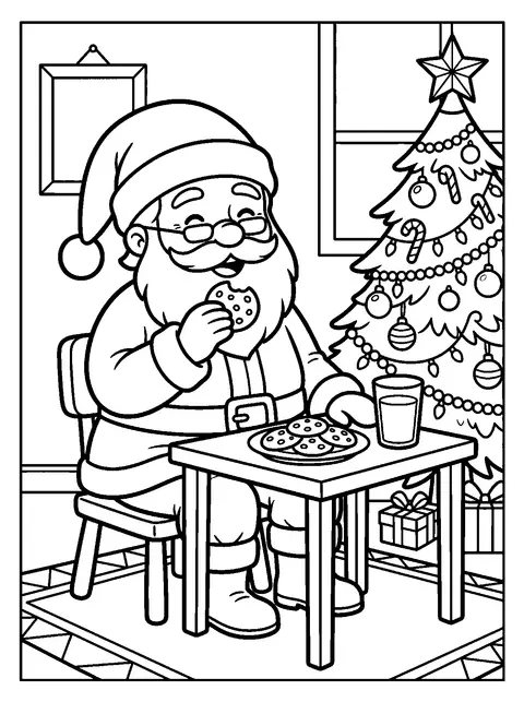 Santa with milk and cookies coloring page