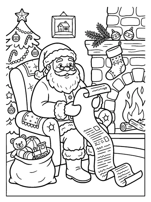 Santa checking his list coloring page