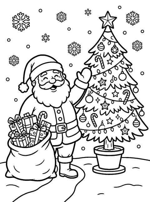 Santa with his sack by the tree coloring page