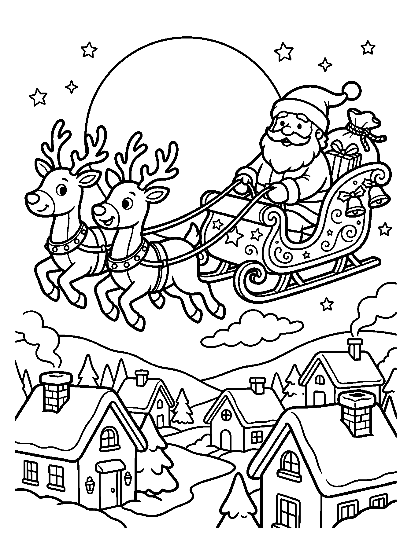 Santa's sleigh over the rooftops coloring page