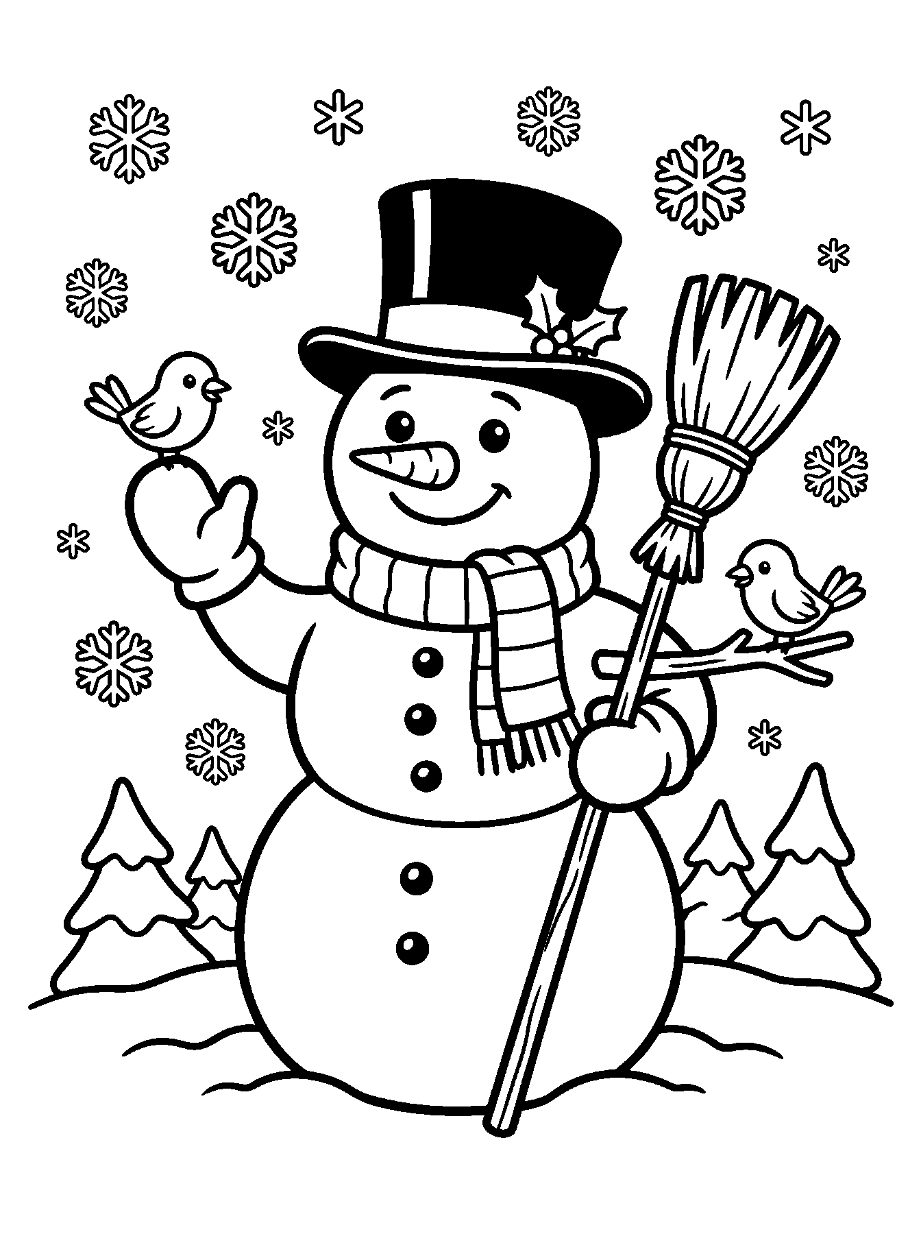 Snowman and the birds coloring page