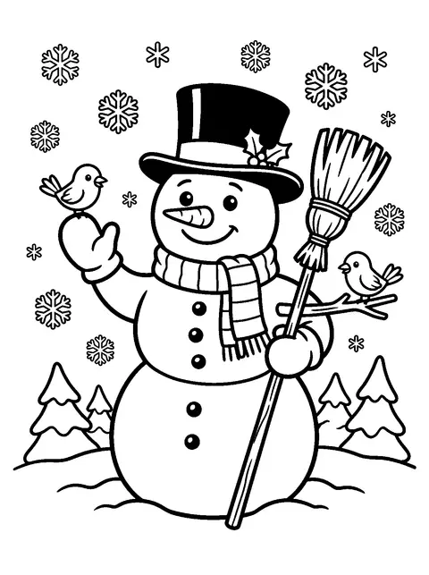 Snowman and the birds coloring page