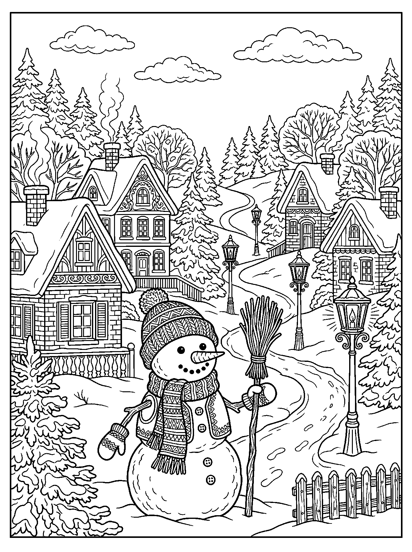 Snowman in a snowy village coloring page