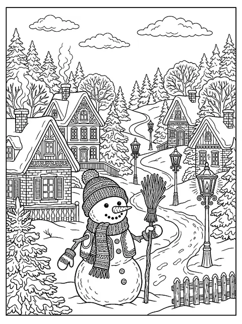 Snowman in a snowy village coloring page