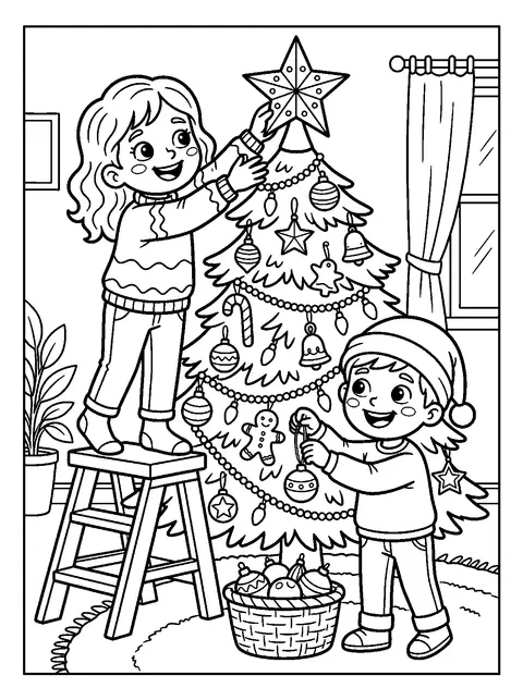 Kids decorating the tree coloring page
