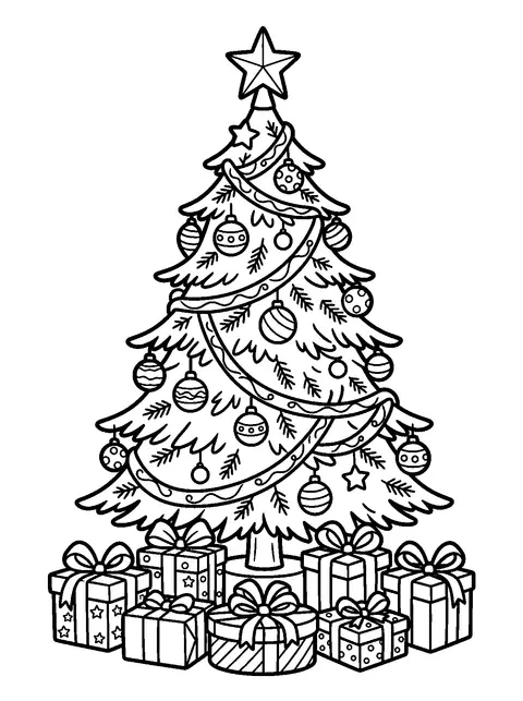 Christmas tree with presents coloring page