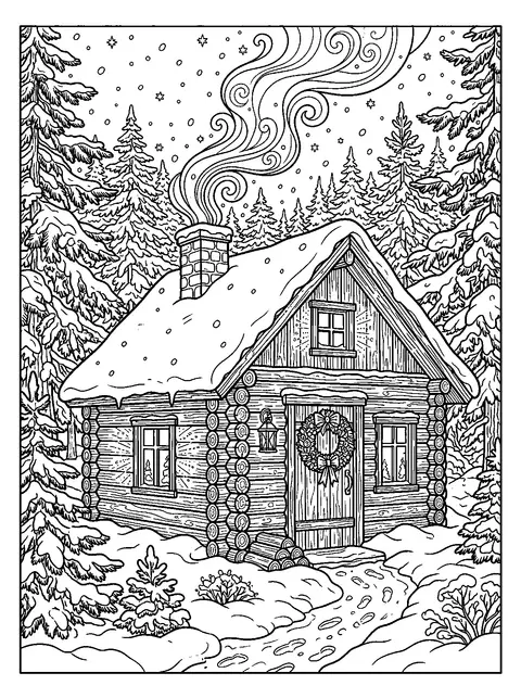 Snowy cabin at night coloring page