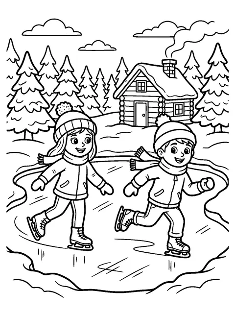 Ice skating on the pond coloring page