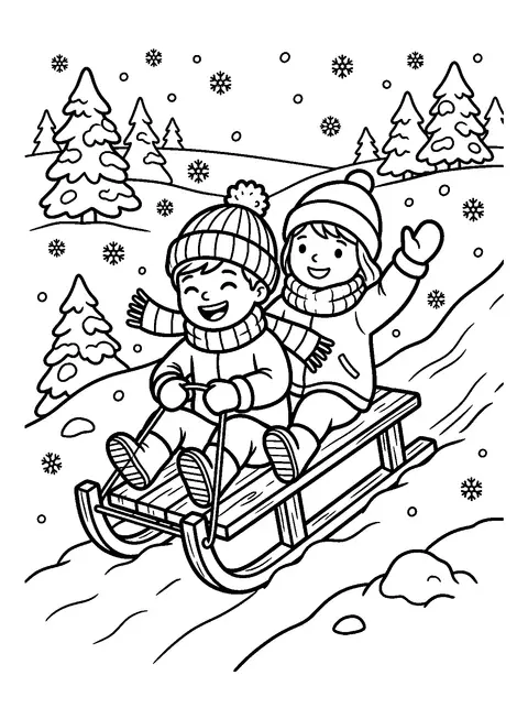 Sledding down the hill coloring page