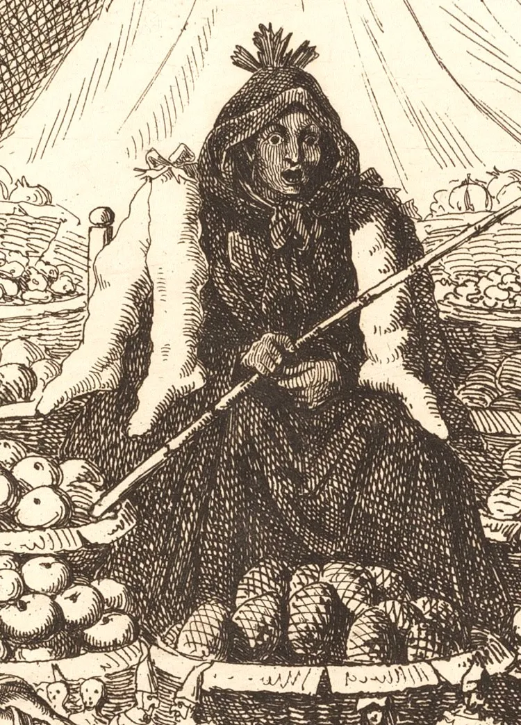 An old Italian engraving of La Befana, an old woman in a shawl with a stick