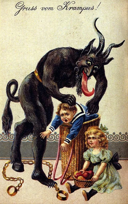 An old Austrian Krampus postcard: a black horned Krampus stuffing a crying child into a basket
