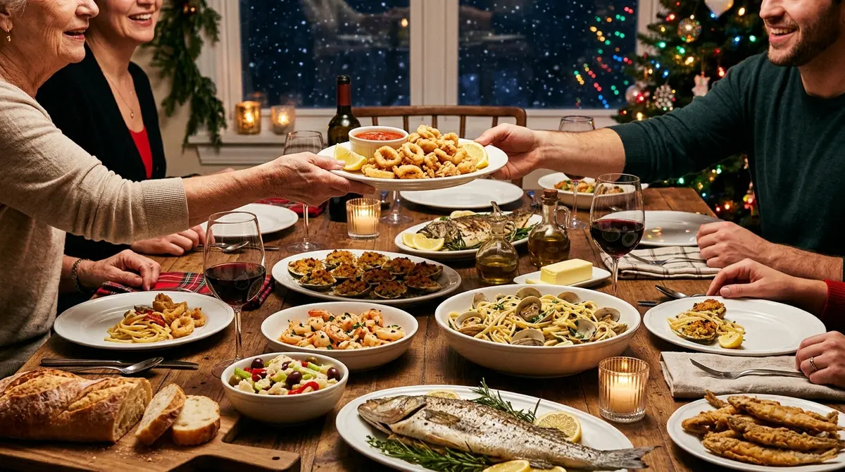 A Christmas Eve table set for the Feast of the Seven Fishes with calamari, clams, linguine, shrimp, smelts and a whole fish