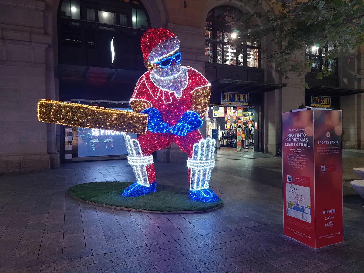Illuminated Santa playing cricket in Murray Street Mall, Perth Christmas Lights Trail