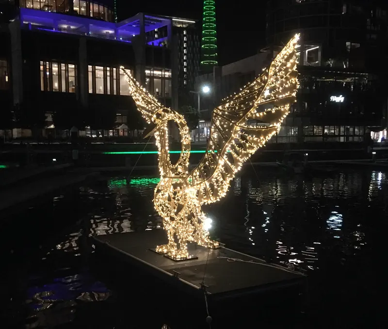 Glowing swan light sculpture at Elizabeth Quay on the Perth Christmas Lights Trail