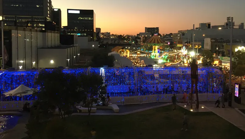 Constellation Tunnel of blue lights at Yagan Square on the Perth Christmas Lights Trail
