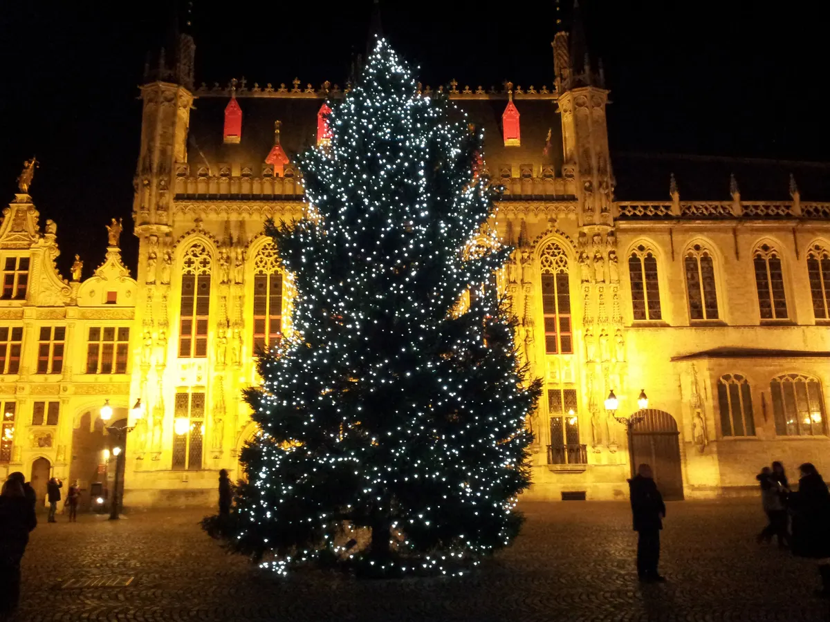 Verlichte kerstboom voor het stadhuis op de Burg in Brugge