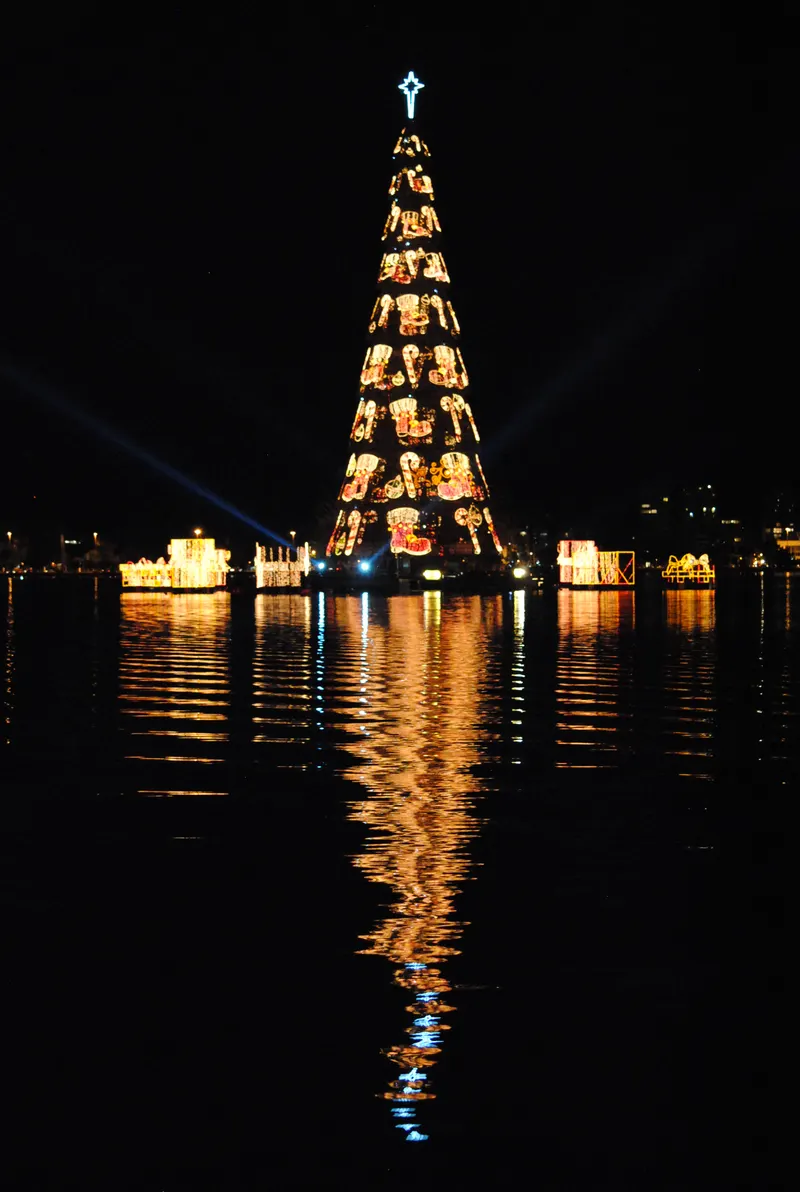 Detalhe da árvore de Natal da Lagoa refletida na água à noite
