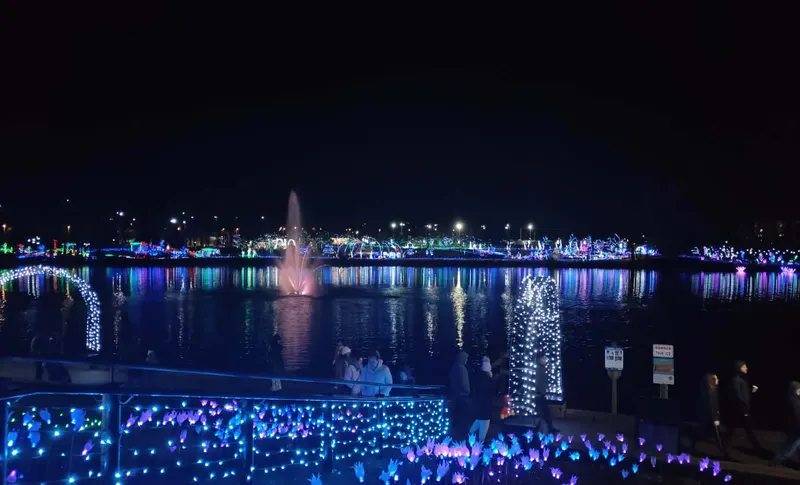 Holiday lights and fountain at Lafarge Lake in Coquitlam at night