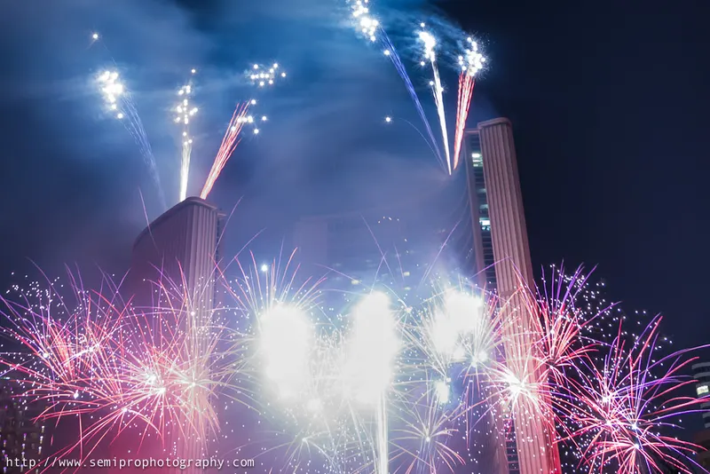 Fireworks over Toronto City Hall during the Cavalcade of Lights