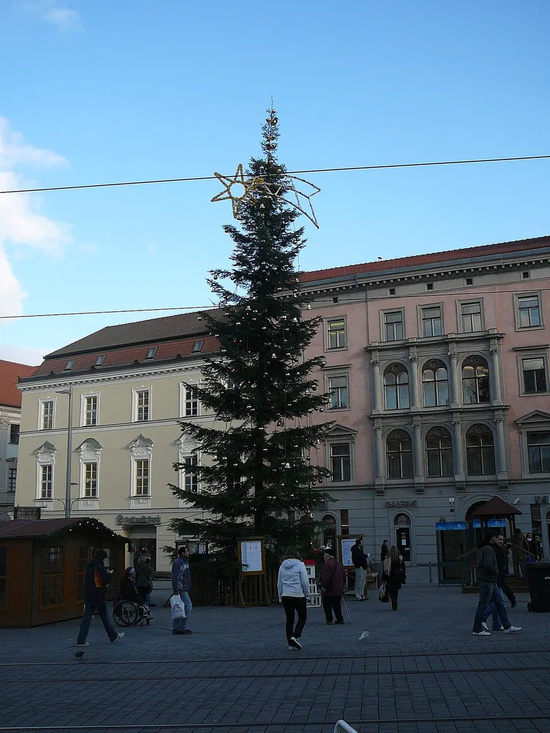 Vánoční strom s hvězdou na náměstí Svobody v Brně