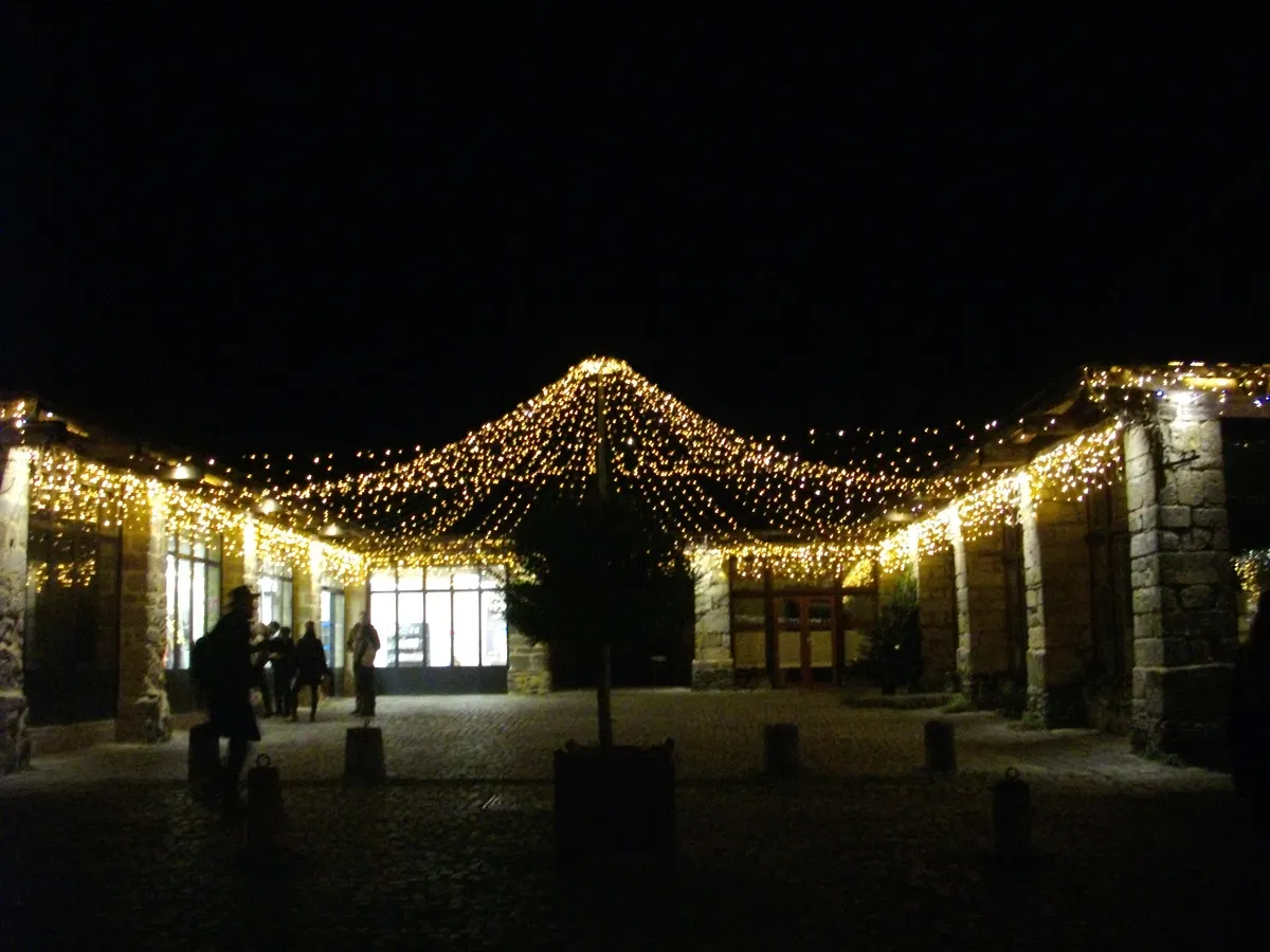 Guirlandes lumineuses sous les anciennes halles de Rochefort-en-Terre
