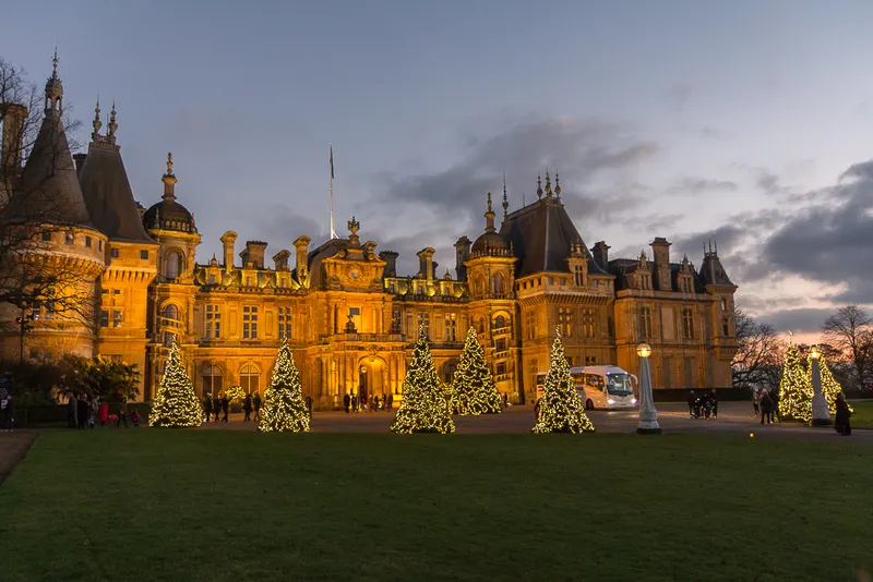 Waddesdon Manor with Christmas trees in front at twilight