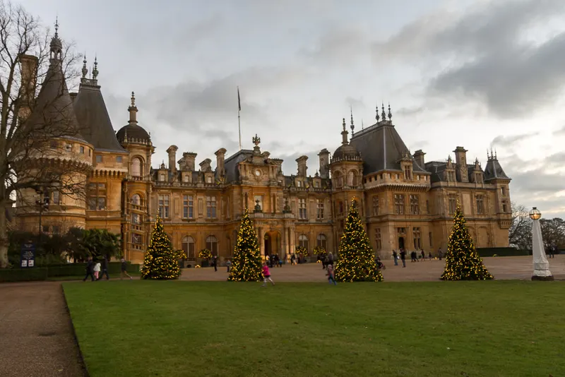 Christmas trees on the lawn in front of Waddesdon Manor