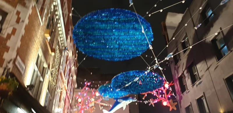 Illuminated whale and coral decorations above Carnaby Street