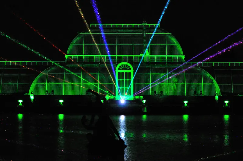 Green laser lights over the Palm House at Christmas at Kew
