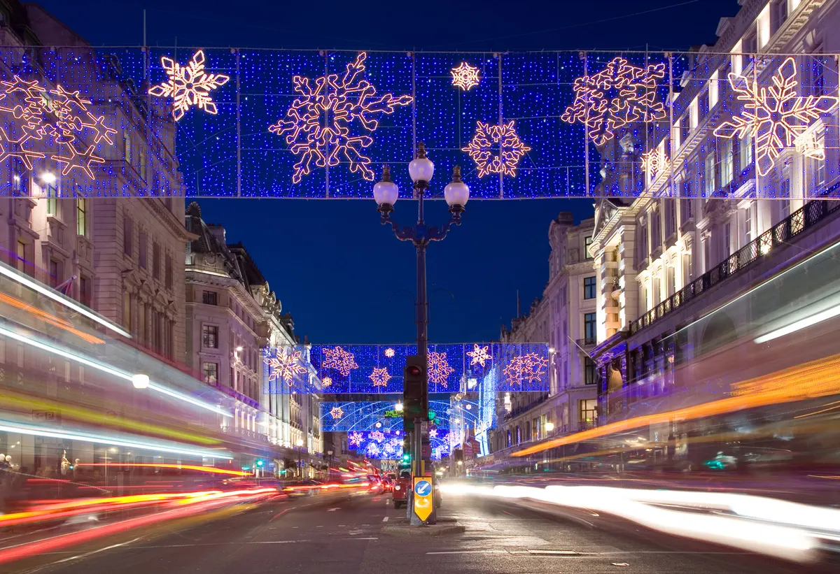 Snowflake Christmas lights above Regent Street in London
