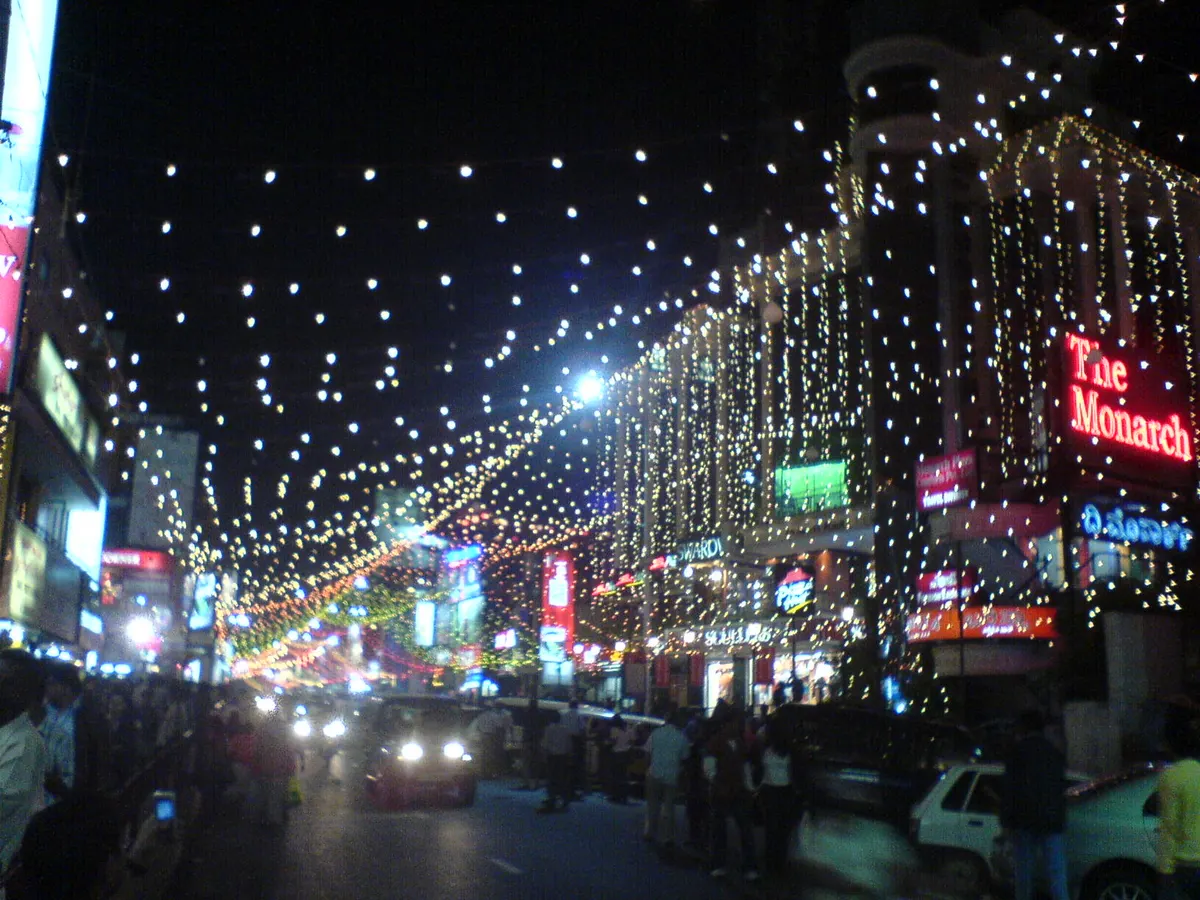 Brigade Road in Bengaluru covered with Christmas string lights at night