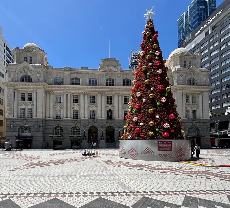 Giant decorated Christmas tree in front of the old Chief Post Office, Te Komititanga, Auckland