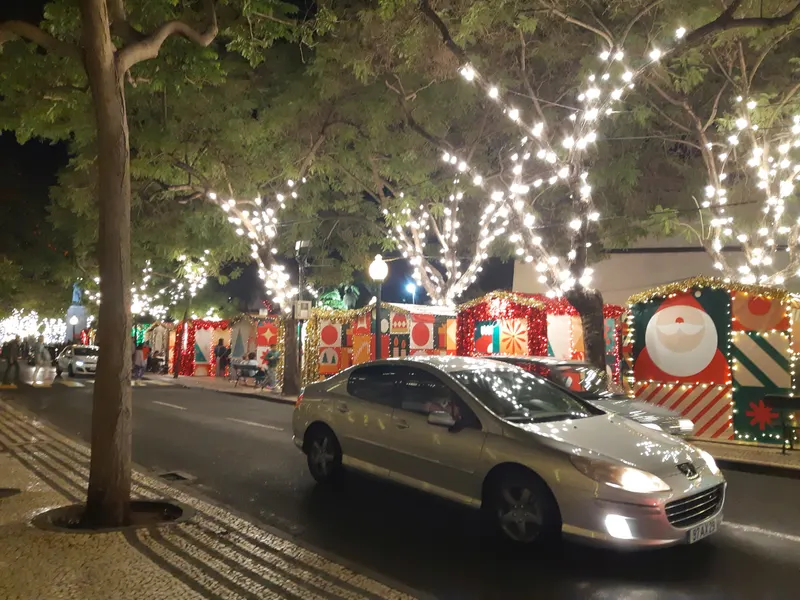 Casinhas e árvores iluminadas do Natal no Funchal, à noite