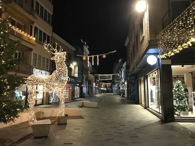 Verlicht rendier in een Aalsterse winkelstraat in de kerstperiode