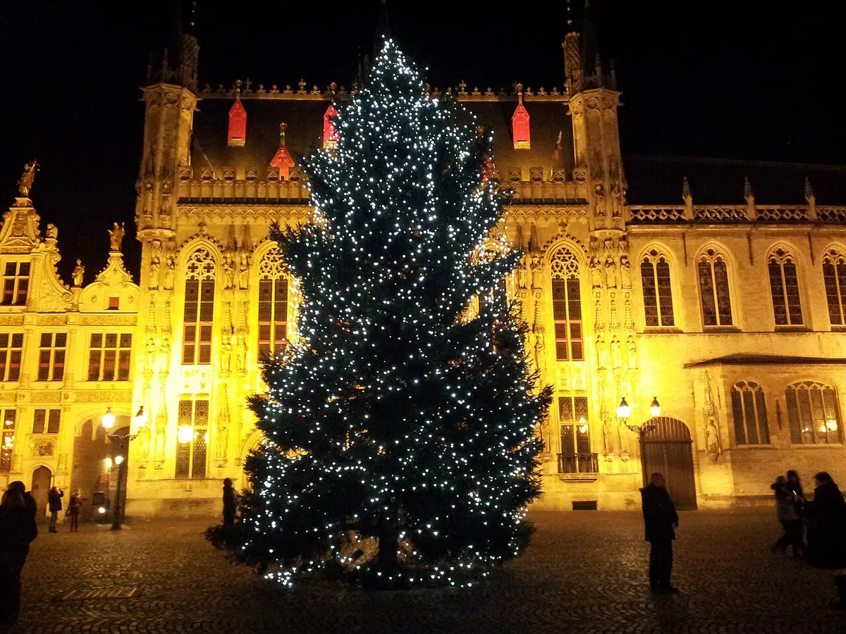 Verlichte kerstboom op het Burgplein in Brugge voor het stadhuis